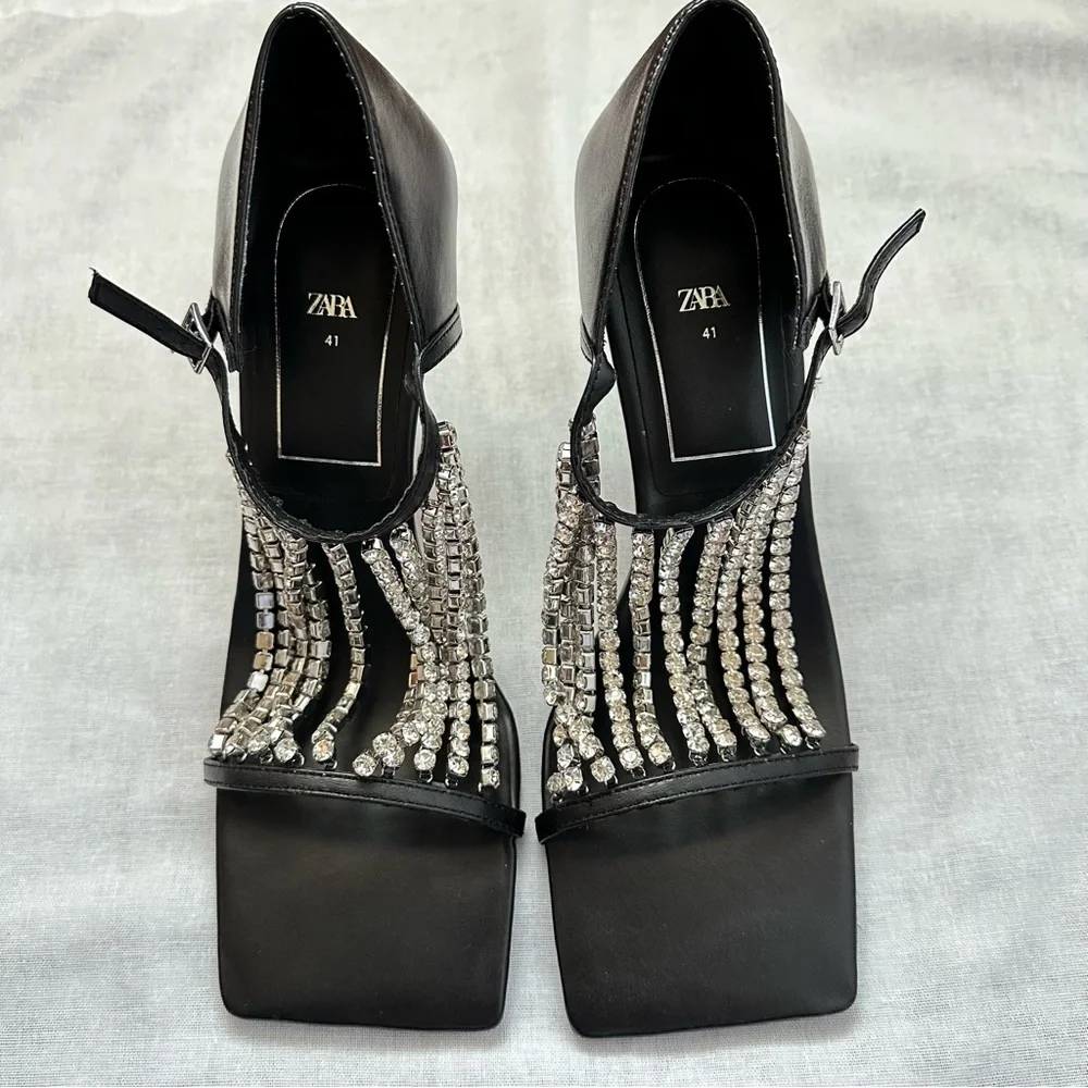 New Zara $129 Rhinestone Square Toe Black Sandals 1343/610 Size 10 RARE - Picture 10 of 16